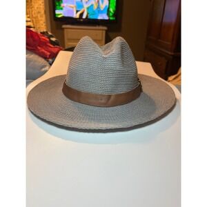 Goorin Bros Mens Gray Straw Fedora Hat Wide Brim Brown Leather Band Size Medium